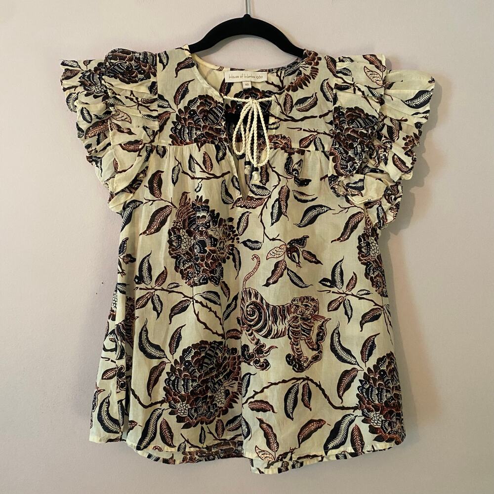 House of Harlow 1960 Cream Black Popover Floral Puff Sleeve Blouse Cotton XS